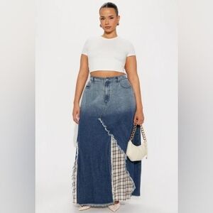 ✨ NWT Edgy "Plot Twist" Denim & Plaid Patchwork Maxi Skirt - Size 3X ✨